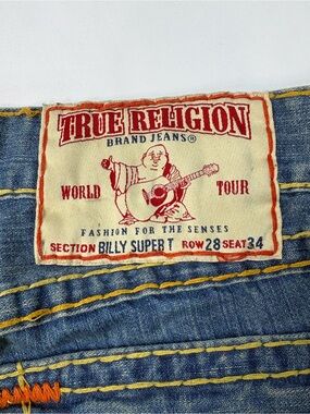 True Religion Men's Blue Denim Jeans with Yellow Stitching